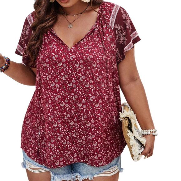 SHEIN Tops - NEW! Curve 1XL 14 Ditsy Floral V Neck Butterfly Sleeve Top Red Pink Boho